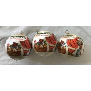 3 Vintage INA creations satin ball with Santa,Toys, Girl ornaments 3”